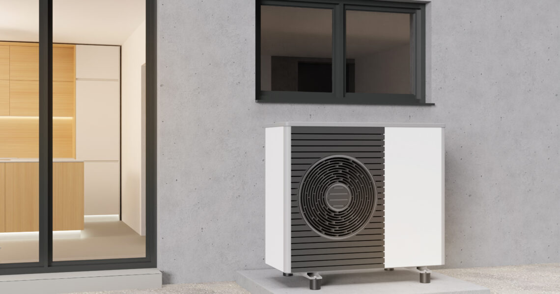 Pompe à chaleur à air en plein air. Un chauffage moderne et écologique. Économisez votre argent avec la pompe à air. Les pompes à chaleur à air sont une source d'énergie efficace et renouvelable. Rendu 3d