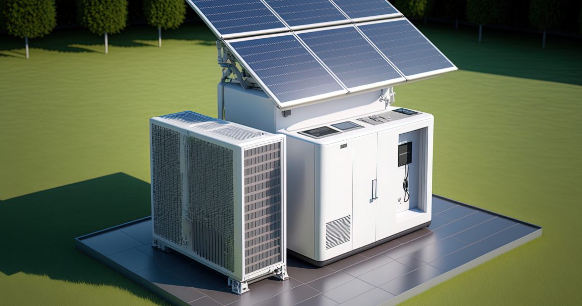 des panneaux solaires et une pompe à chaleur à air. une maison avec des sources d'énergie alternatives. IA générative