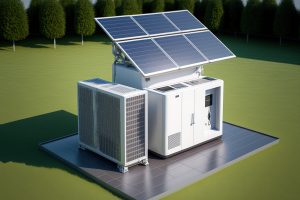 des panneaux solaires et une pompe à chaleur à air. une maison avec des sources d'énergie alternatives. IA générative