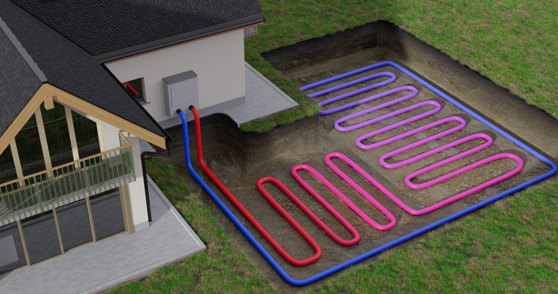 Système de pompe à chaleur géothermique horizontale pour le chauffage d'une maison avec