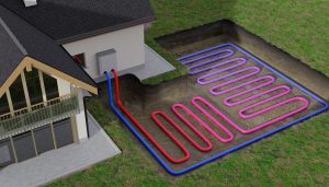 Système de pompe à chaleur géothermique horizontale pour le chauffage d'une maison avec