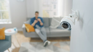 Gros plan objet d'une caméra de surveillance Wi-Fi moderne avec deux antennes sur un mur blanc dans un appartement confortable. Un homme est assis sur un canapé en arrière-plan.